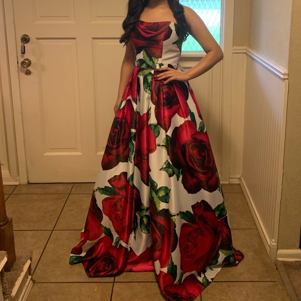 Red roses on white prom dress!